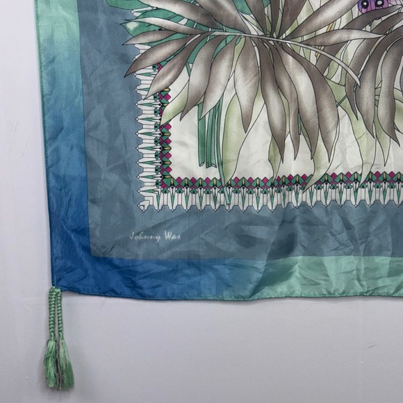 Johnny Was Silk Scarf Butterflies Floral Tropical Print Blue Green Tassels - Picture 2 of 9
